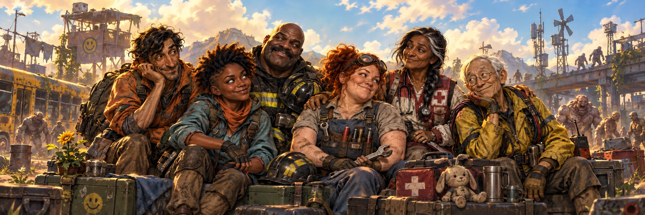 Six unlikely survivor friends share a quiet moment in a sunlit, overgrown city